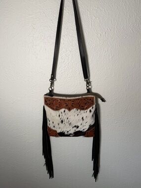 Myra Bag Hair On Leather Cowhide Crossbody Tooled Leather Fringe Western Purse